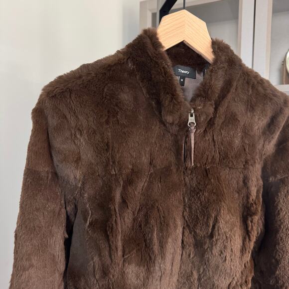 Theory Rabbit Fur Brown Reversible Satin Jacket M NEW Slim Sample Full Zip - Picture 2 of 6
